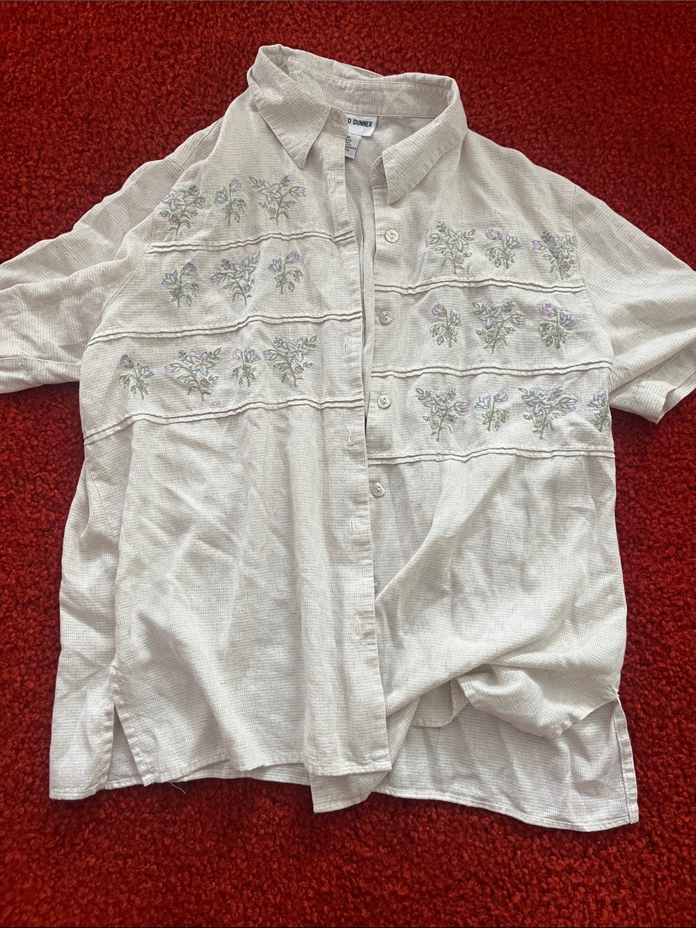 Alfred Dunner Cream Short-Sleeve Embroidered Button-Up Top